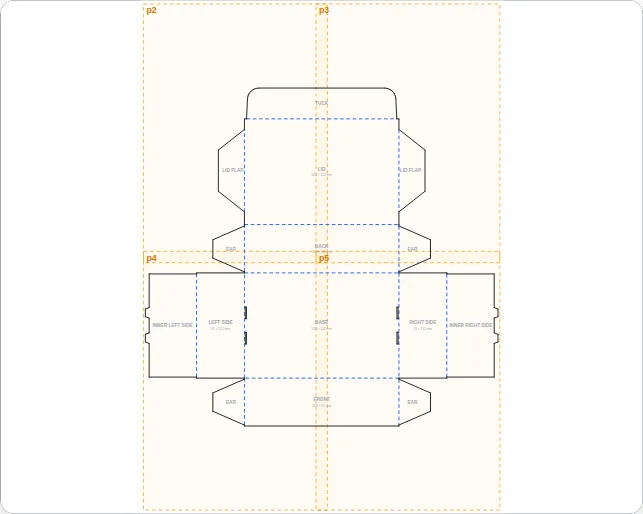 Flat mailer box template with cut lines, fold lines and lock tabs