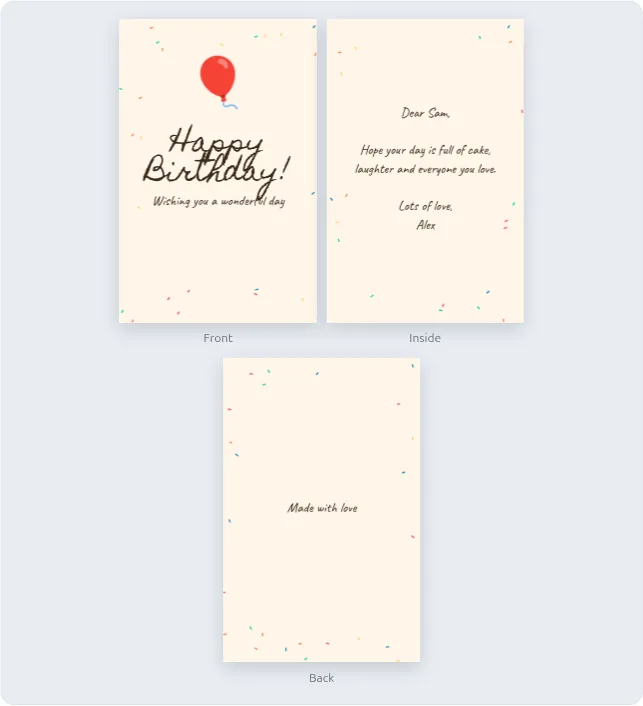 Birthday card design with front, inside message and back