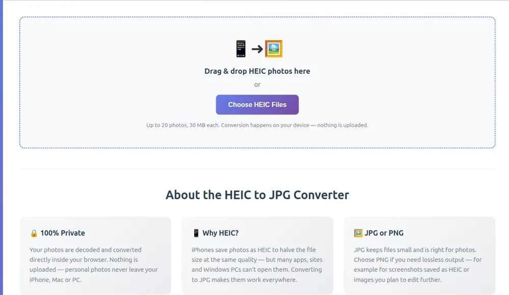 HEIC to JPG converter upload area