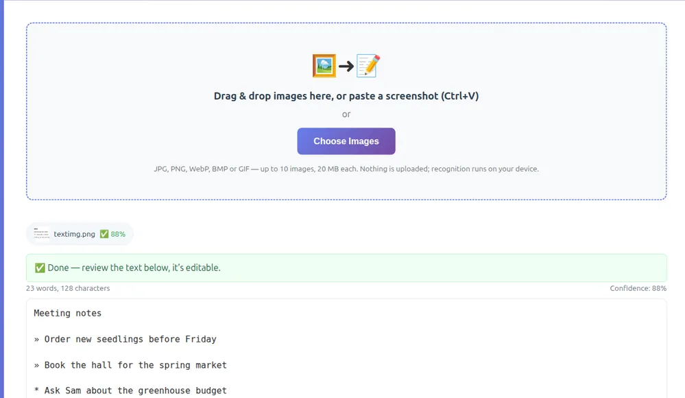 OCR result showing text read from an image of meeting notes