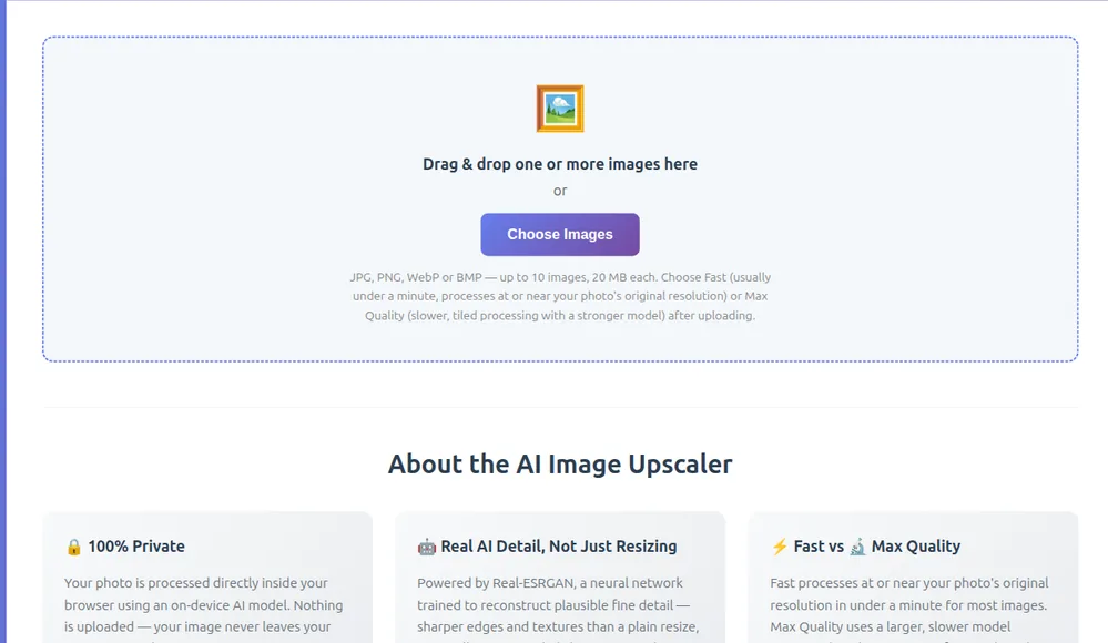 AI image upscaler upload area