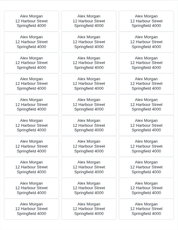 Preview of a printable address label sheet