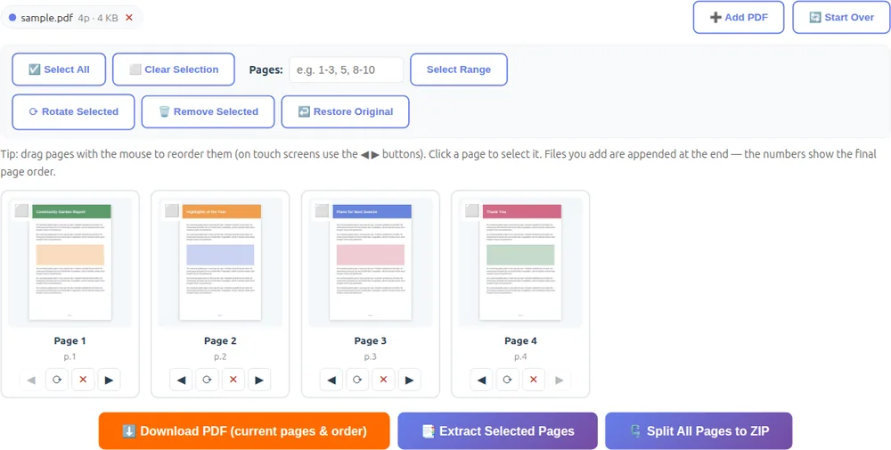 Page thumbnails of a PDF ready to merge, split or reorder