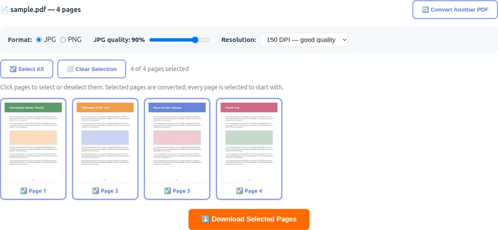Pages of a PDF selected for conversion to JPG