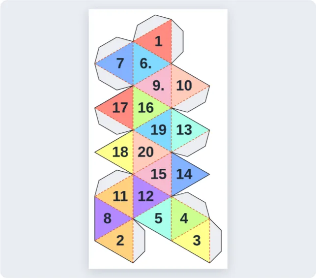 Paper d20 dice net with numbers and glue tabs