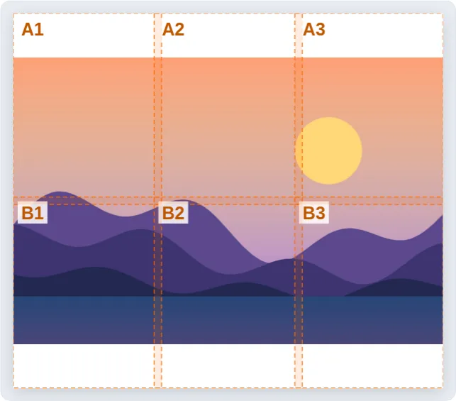 Landscape picture divided into labelled A4 pages for a poster